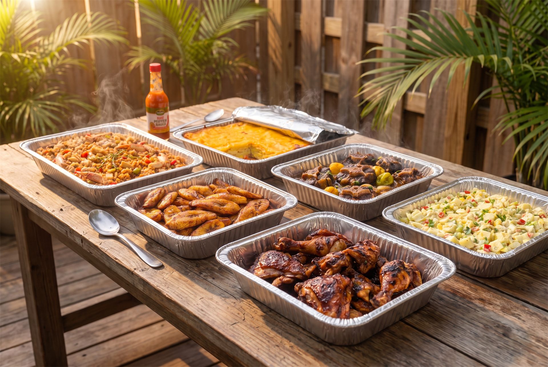 A packed Island Eats home meal package: mac and cheese, rice, oxtail, plantains and jerk chicken ready for pickup